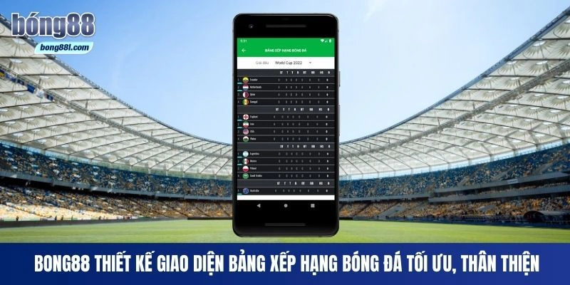 Bong88 thiết kế giao diện bảng xếp hạng bóng đá tối ưu, thân thiện